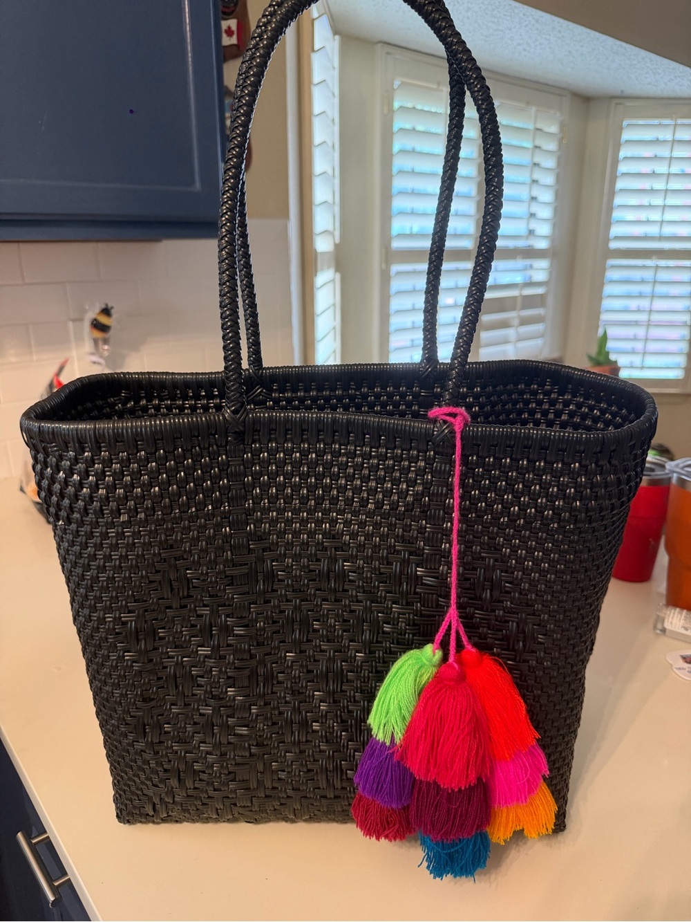 Black Woven Tote Bag with Colorful Tassels